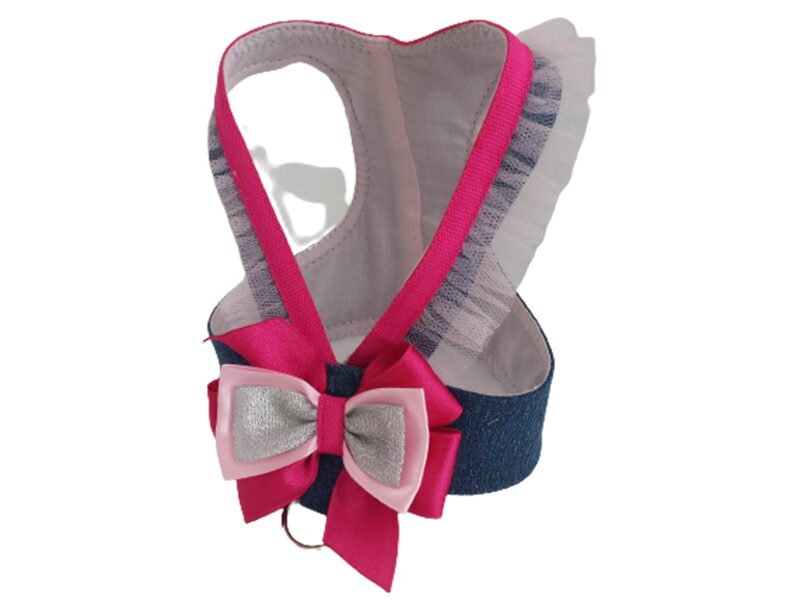 Denim and hot pink dog harness with pink tulle