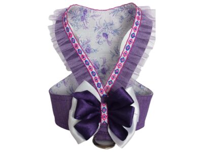 purple denim dog harness with purple tulle
