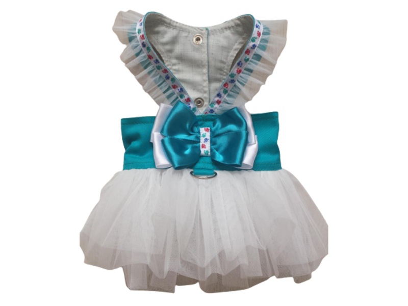 turquoise dog harness with white tulle skirt